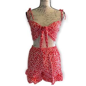 Red & White Cotton Blend Tank Shorts Set Small NEW